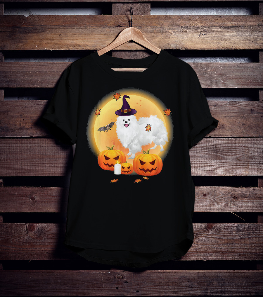 Halloween American Eskimo Dog With Pumpkins And Witch Hat T-Shirt