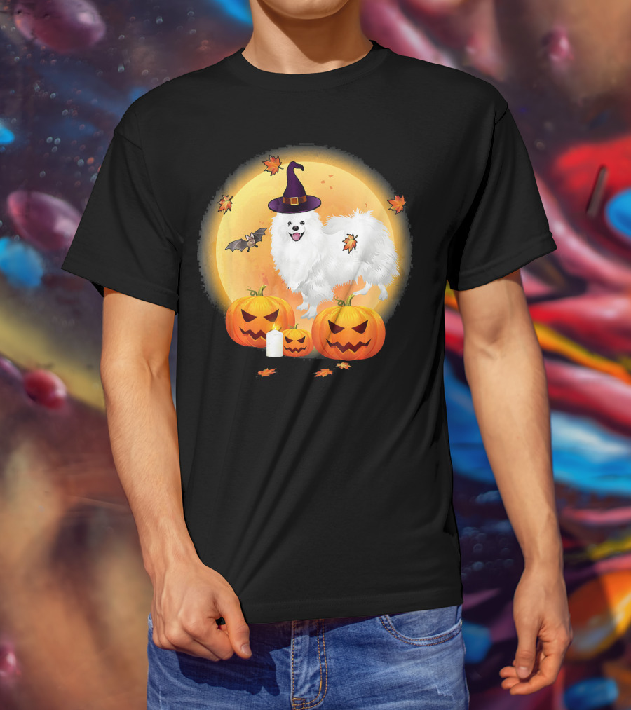 Halloween American Eskimo Dog With Pumpkins And Witch Hat T-Shirt
