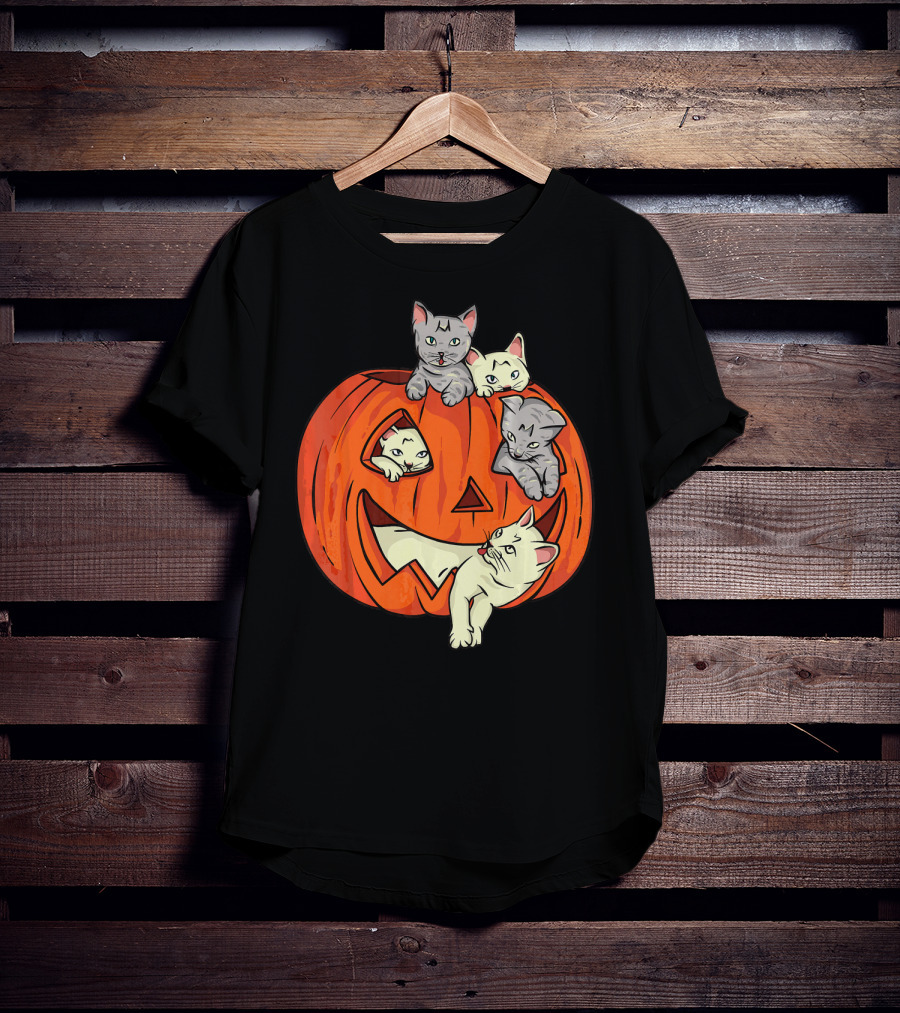 Cats In Jack O Lantern Pumpkin Halloween Scene T-Shirt