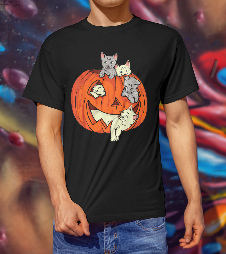 Cats In Jack O Lantern Pumpkin Halloween Scene T-Shirt