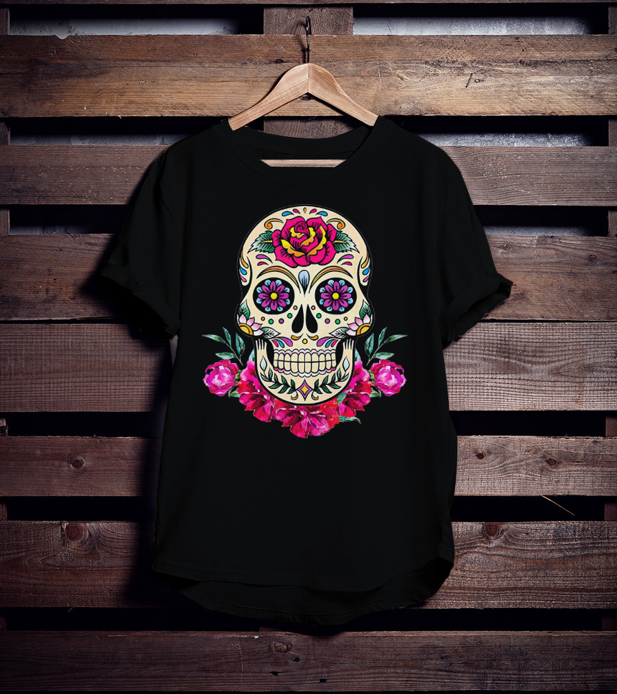 Day Of The Dead Sugar Skull With Vibrant Floral Accents T-Shirt