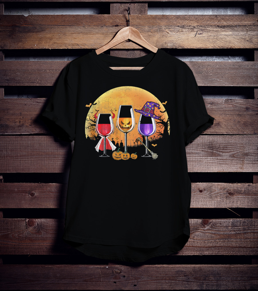 Three Wine Glasses Halloween Pumpkin Witch Hat Bats Moon And Jack-O'-Lanterns T-Shirt
