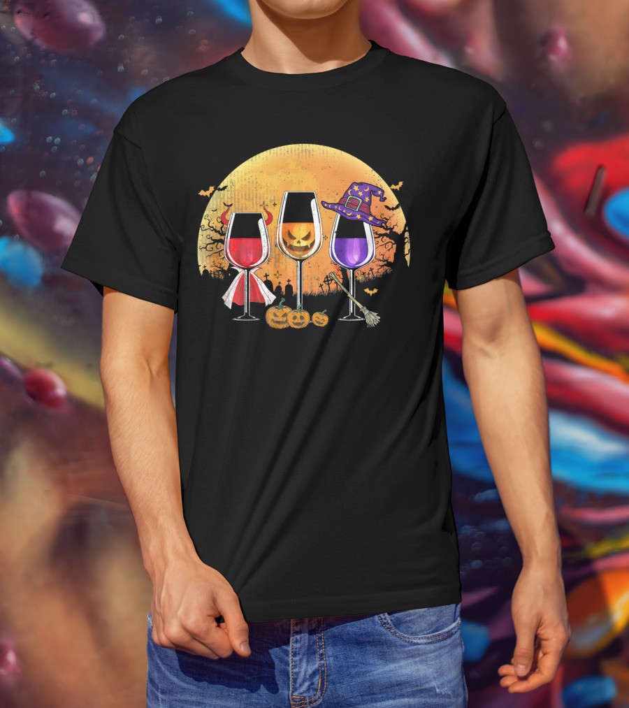 Three Wine Glasses Halloween Pumpkin Witch Hat Bats Moon And Jack-O'-Lanterns T-Shirt