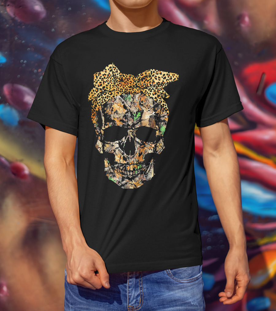 Camouflage Skull With Leopard Print Bow And Hunting Elements T-Shirt