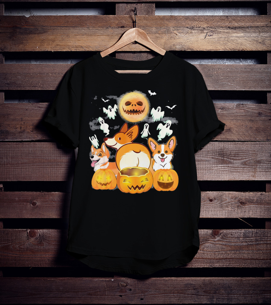 Welsh Corgi Cardigans Pumpkin Ghosts Halloween Team With Spooky Bats T-Shirt