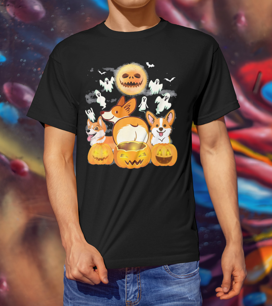 Welsh Corgi Cardigans Pumpkin Ghosts Halloween Team With Spooky Bats T-Shirt