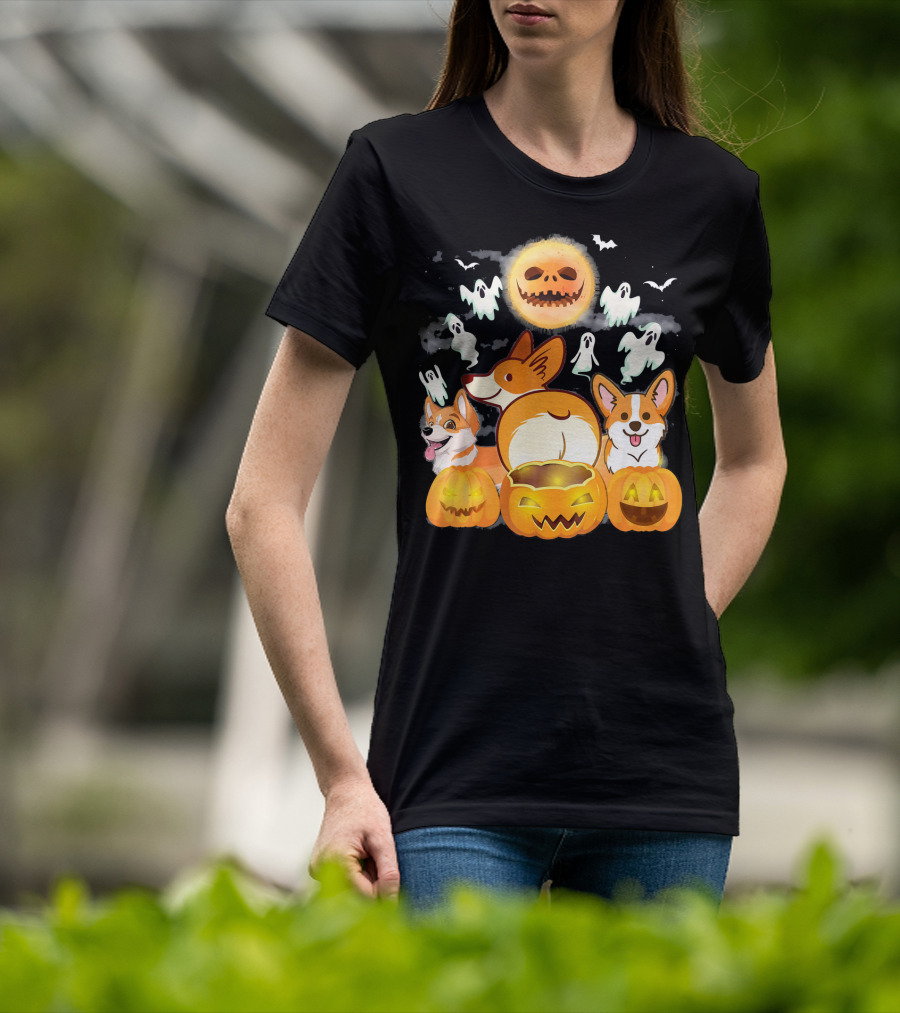 Welsh Corgi Cardigans Pumpkin Ghosts Halloween Team With Spooky Bats T-Shirt