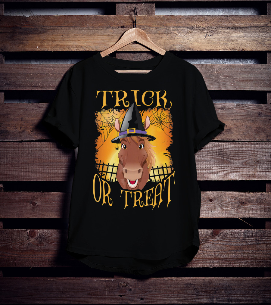 Trick Or Treat Horse With Witch Hat And Spider Web T-Shirt