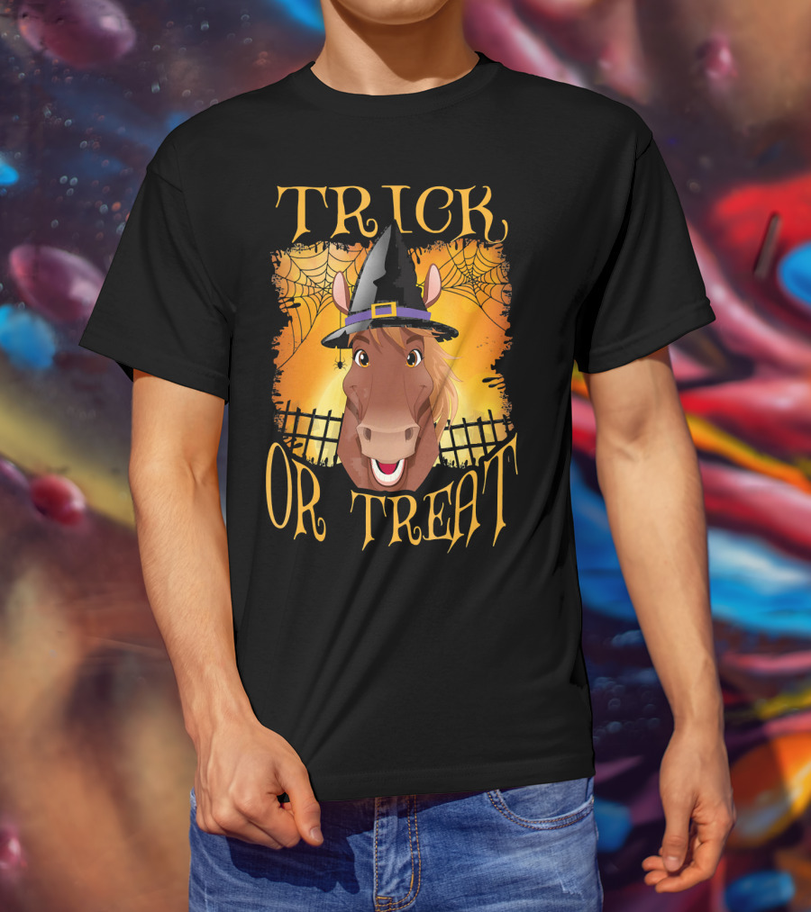 Trick Or Treat Horse With Witch Hat And Spider Web T-Shirt