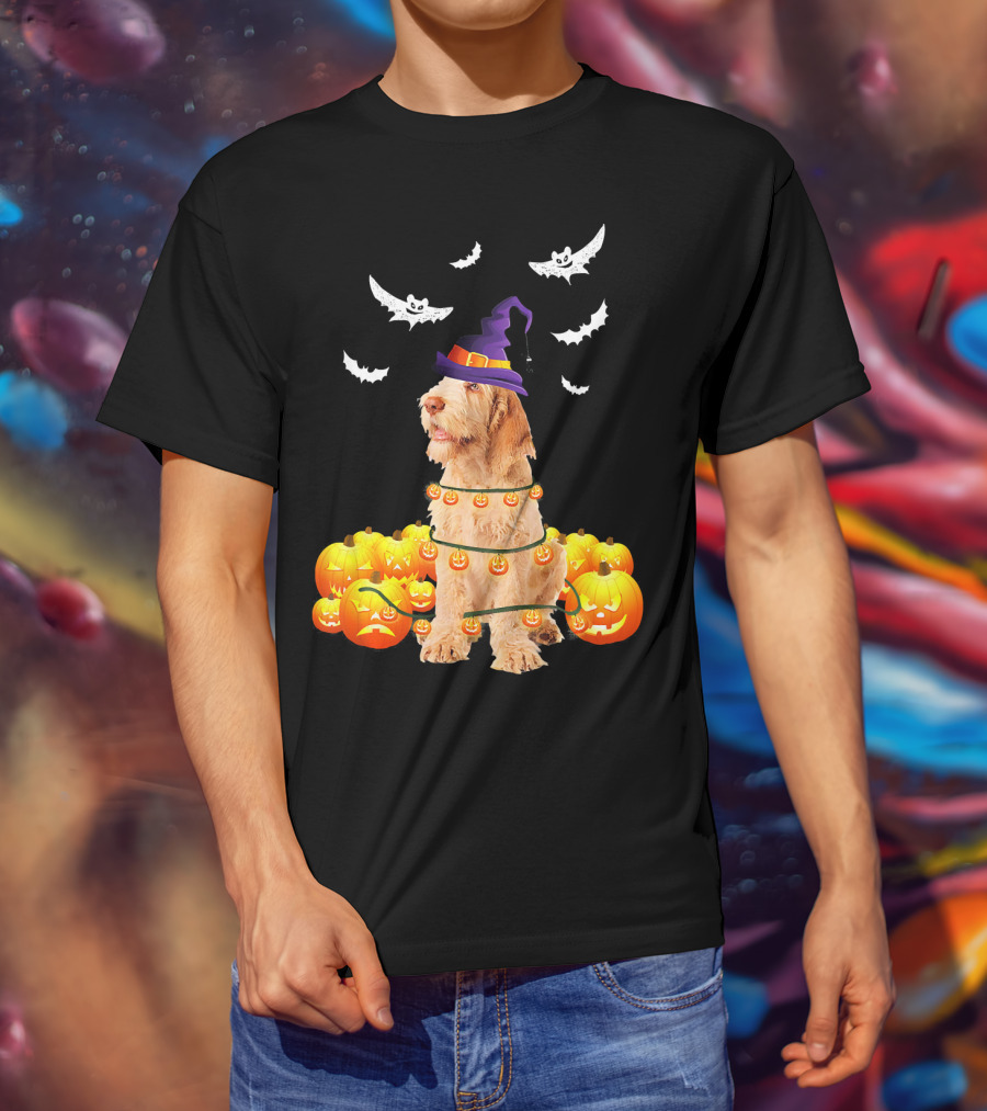 Spinone Italiano Dog Halloween Pumpkin Lights And Bats T-Shirt