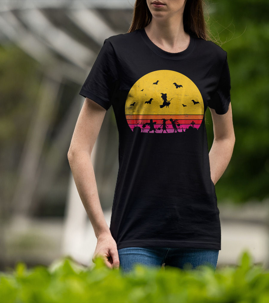 Horror Halloween Sunset Witch Bats Vintage T-Shirt