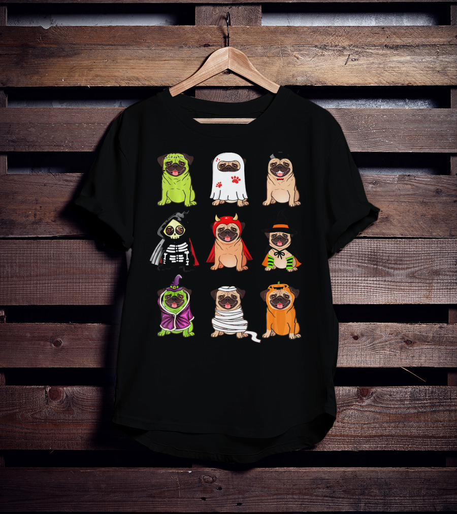 Pug Costume Halloween Funny Pugs Ghosts Skeleton Devil Witch Mummy Pumpkin Dogs T-Shirt