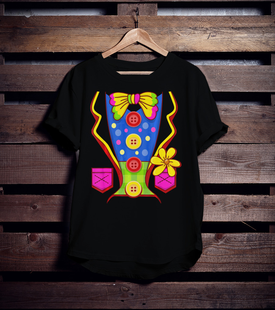 Clown Colorful Bow Tie And Buttons Outfit With Flower Pockets T-Shirt