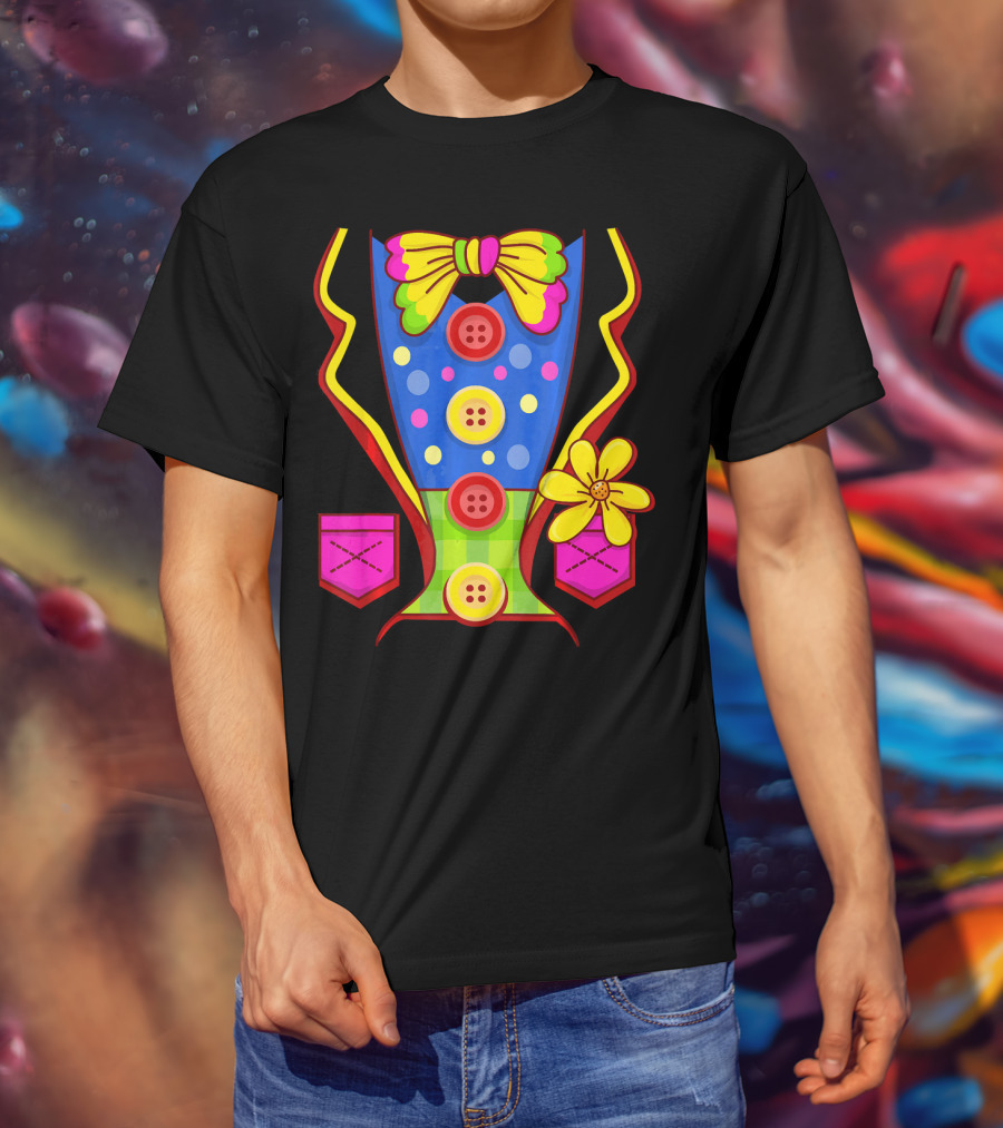 Clown Colorful Bow Tie And Buttons Outfit With Flower Pockets T-Shirt
