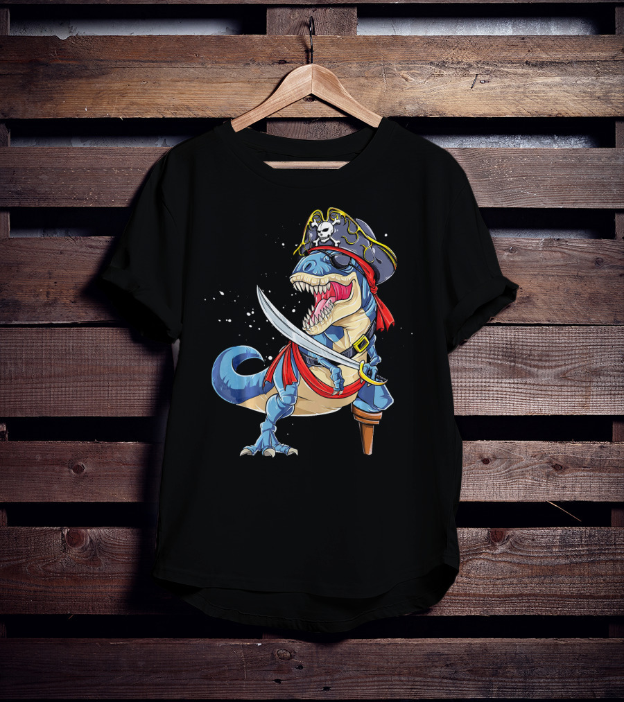 T-Rex Pirate Jolly Roger Dinosaur With Peg Leg And Sword T-Shirt