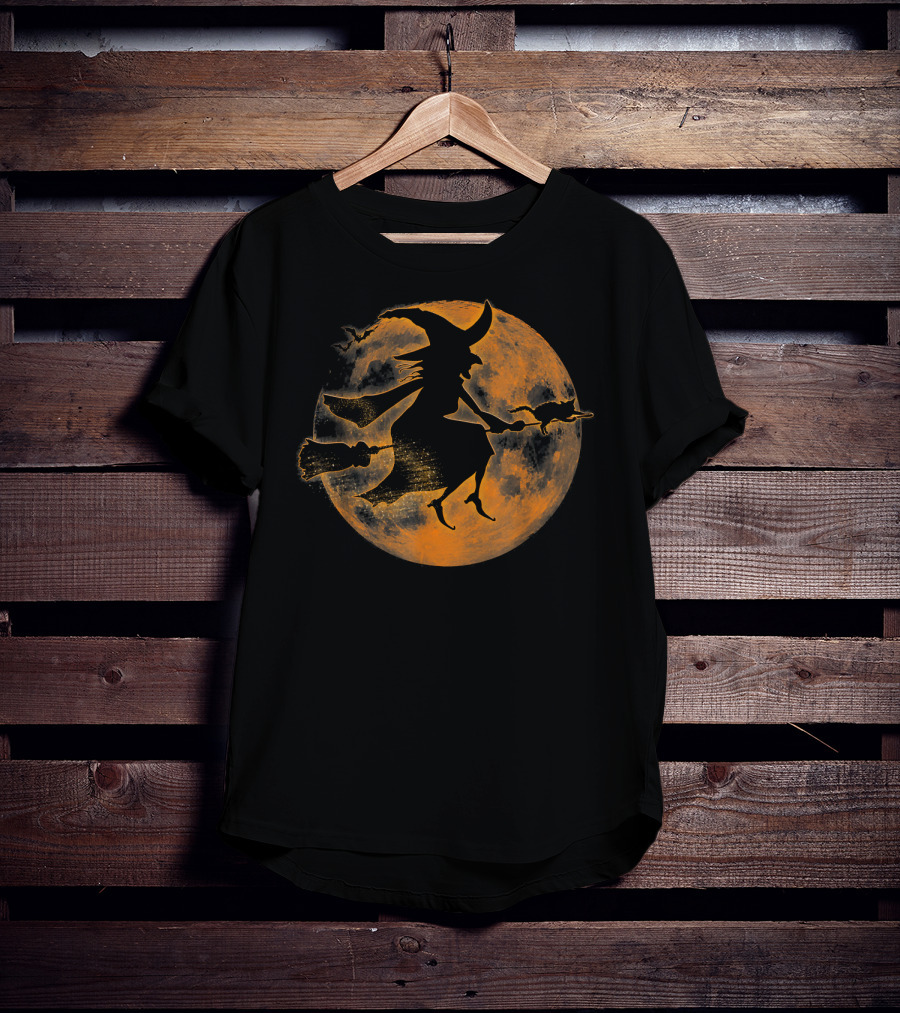 Halloween Spooky Witch And Cat On Broomstick Full Moon Scene T-Shirt