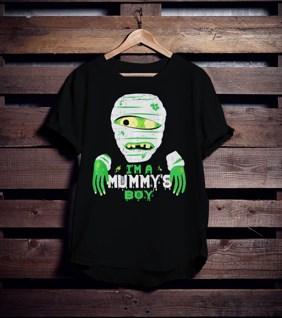 Creepy I'm A Mummy's Boy Green Cartoon Mummy Face And Hands T-Shirt