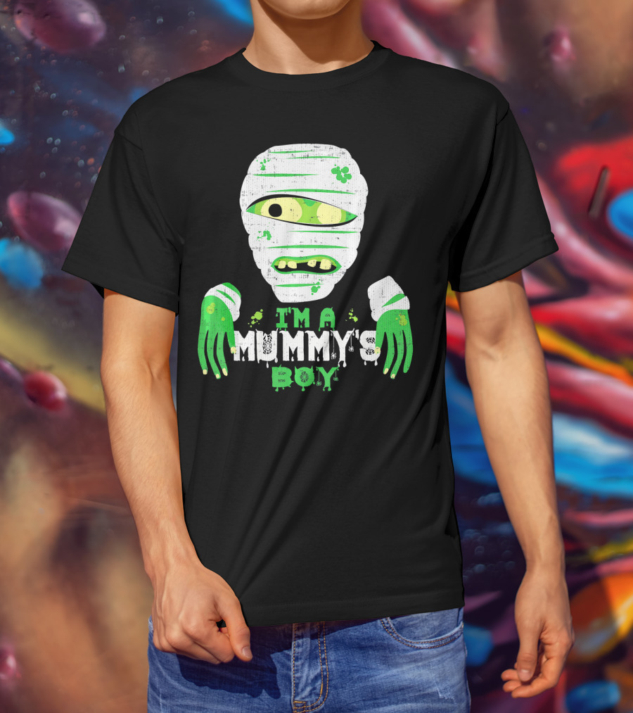 Creepy I'm A Mummy's Boy Green Cartoon Mummy Face And Hands T-Shirt