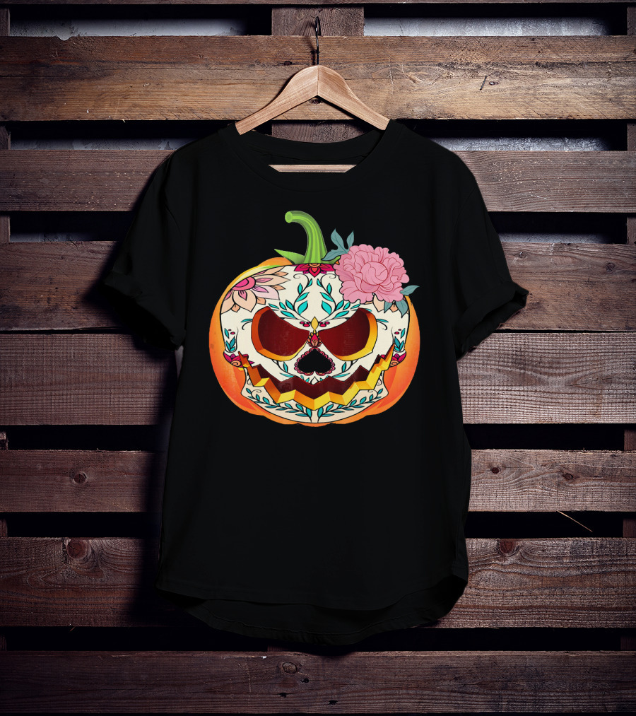 Day Of The Dead Pumpkin Sugar Skull With Floral T-Shirt