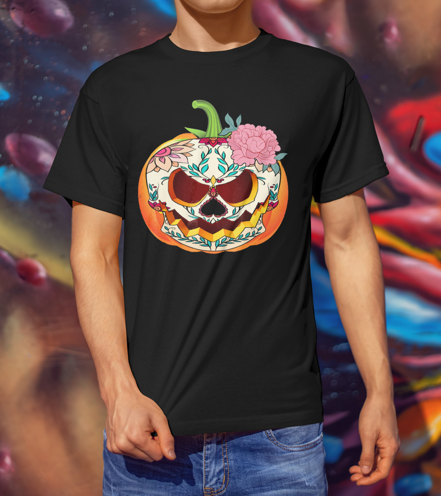 Day Of The Dead Pumpkin Sugar Skull With Floral T-Shirt