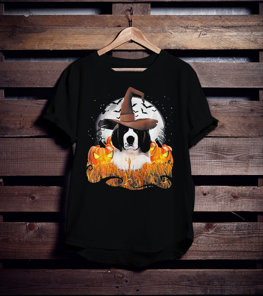 Cute Saint Bernard Dog Witch With Pumpkins And Full Moon T-Shirt