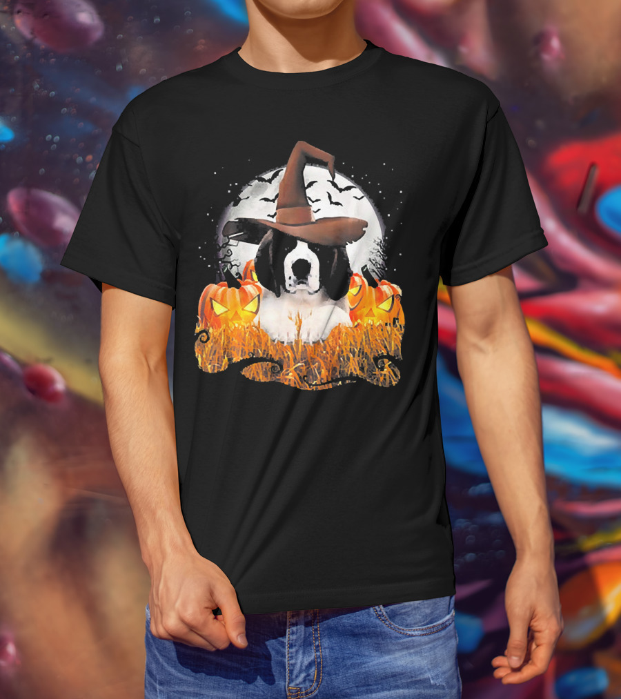 Cute Saint Bernard Dog Witch With Pumpkins And Full Moon T-Shirt