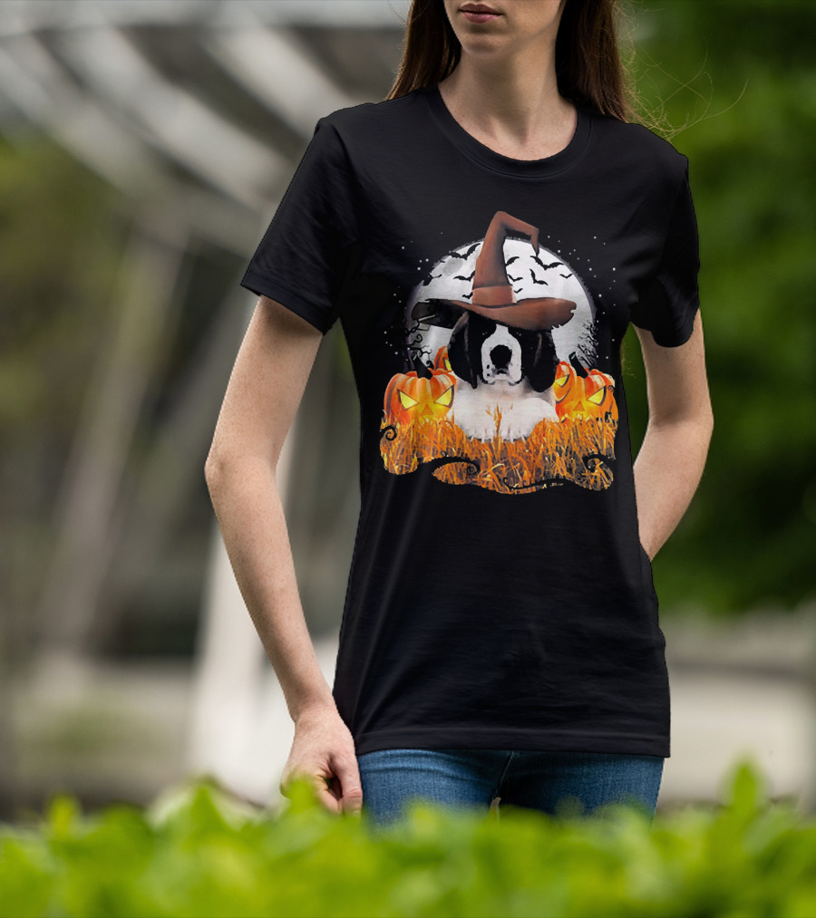Cute Saint Bernard Dog Witch With Pumpkins And Full Moon T-Shirt