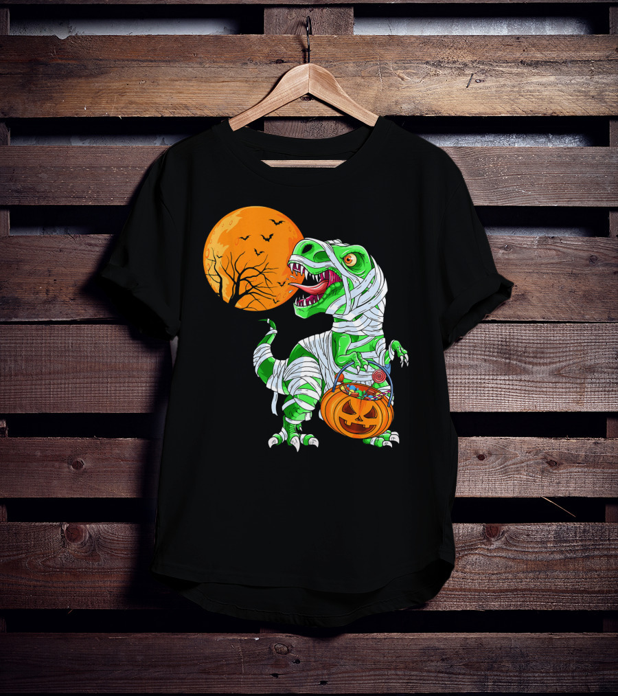 Halloween Mummy T Rex With Pumpkin Candy Under Full Moon T-Shirt