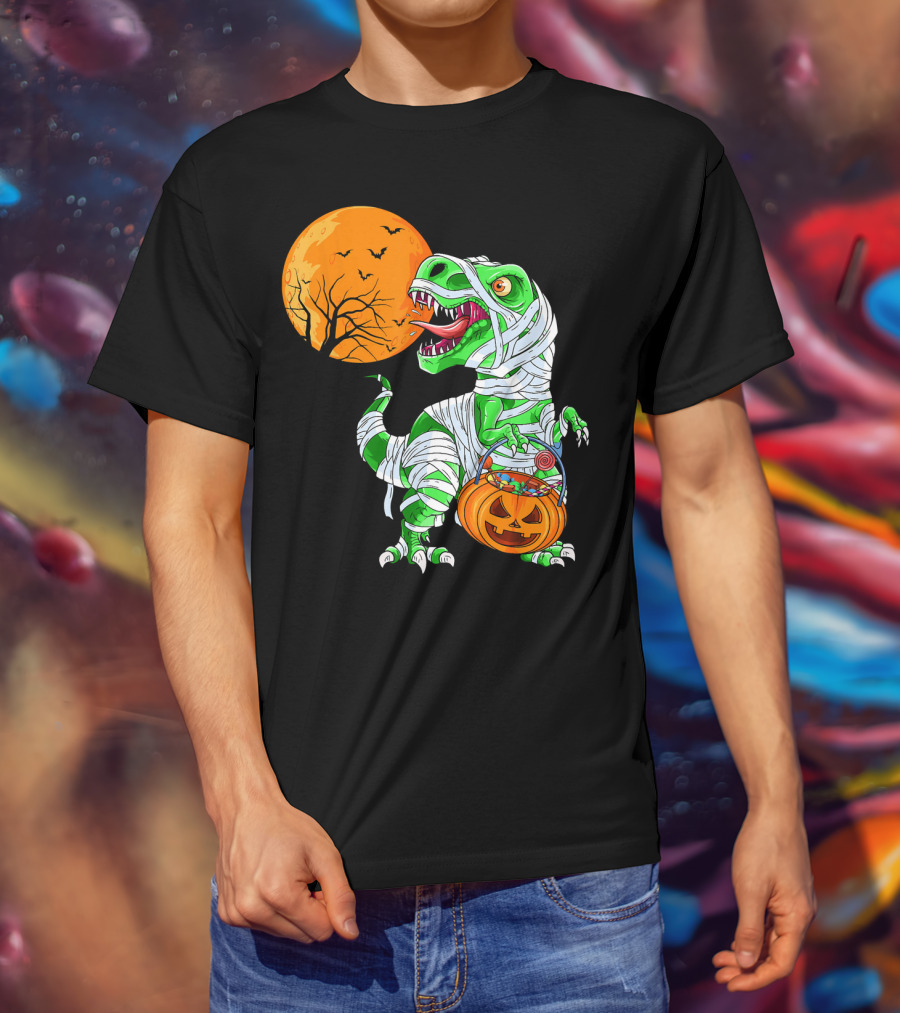 Halloween Mummy T Rex With Pumpkin Candy Under Full Moon T-Shirt