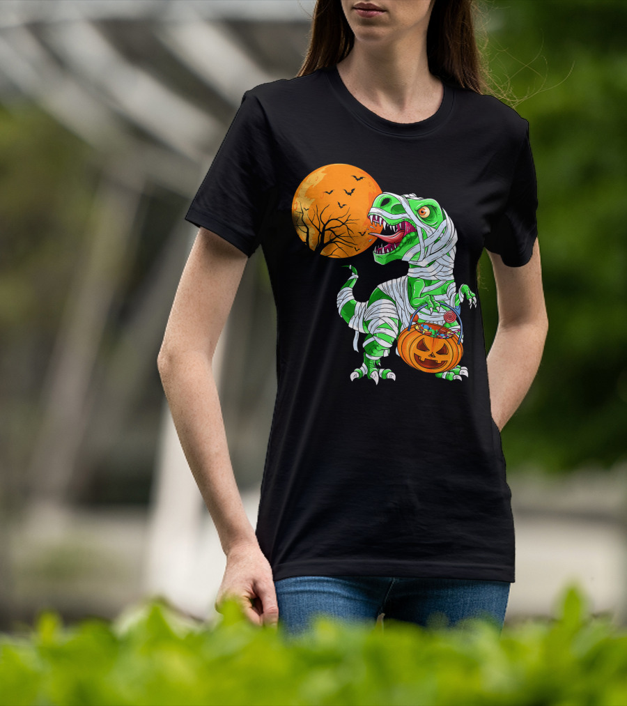 Halloween Mummy T Rex With Pumpkin Candy Under Full Moon T-Shirt