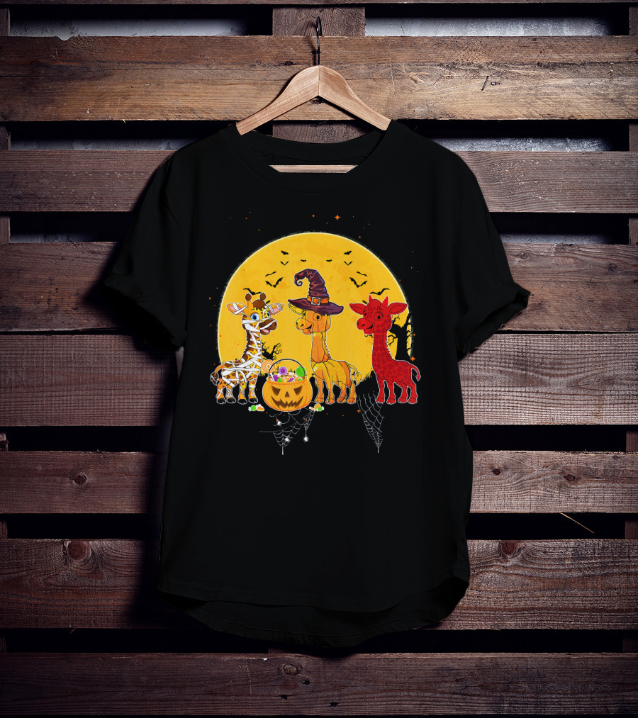 Three Giraffes Halloween Moon Mummy Witch Devil T-Shirt