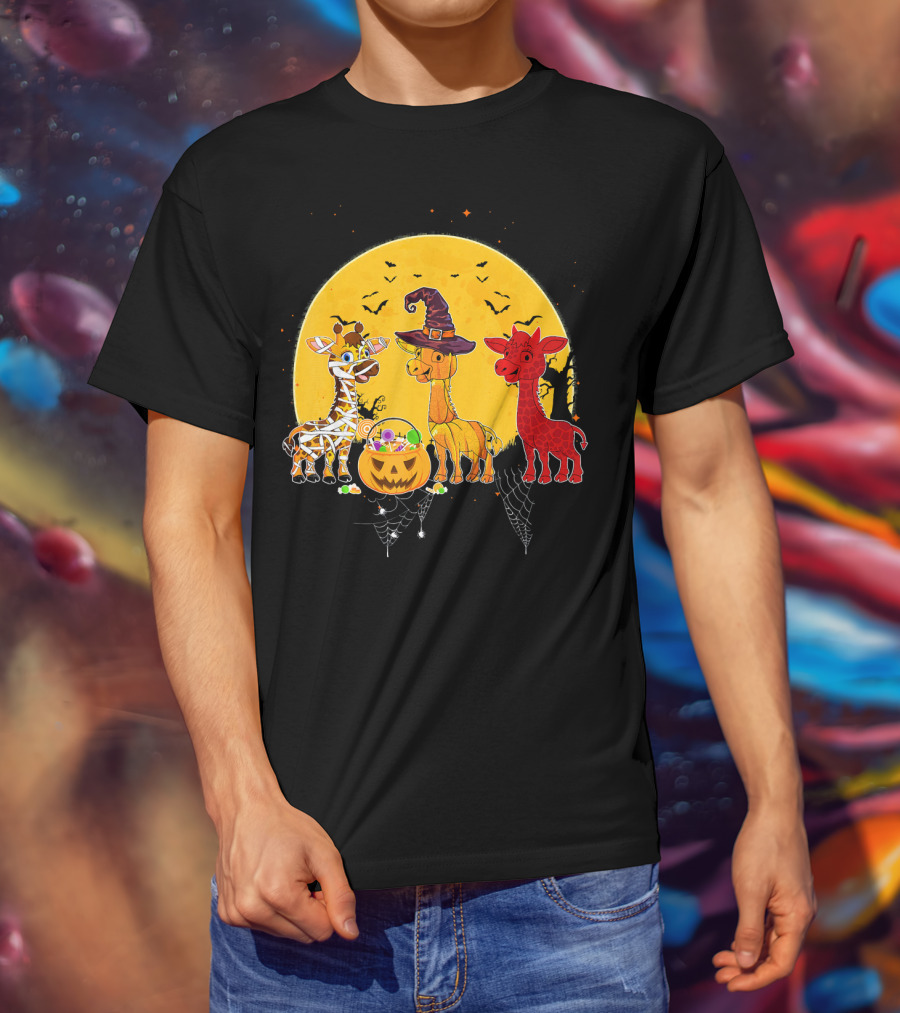 Three Giraffes Halloween Moon Mummy Witch Devil T-Shirt