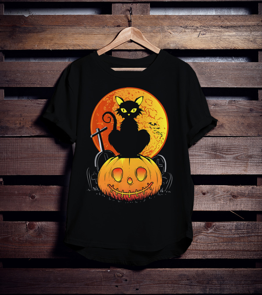 Halloween Black Cat On Pumpkin With Full Moon And Graveyard T-Shirt