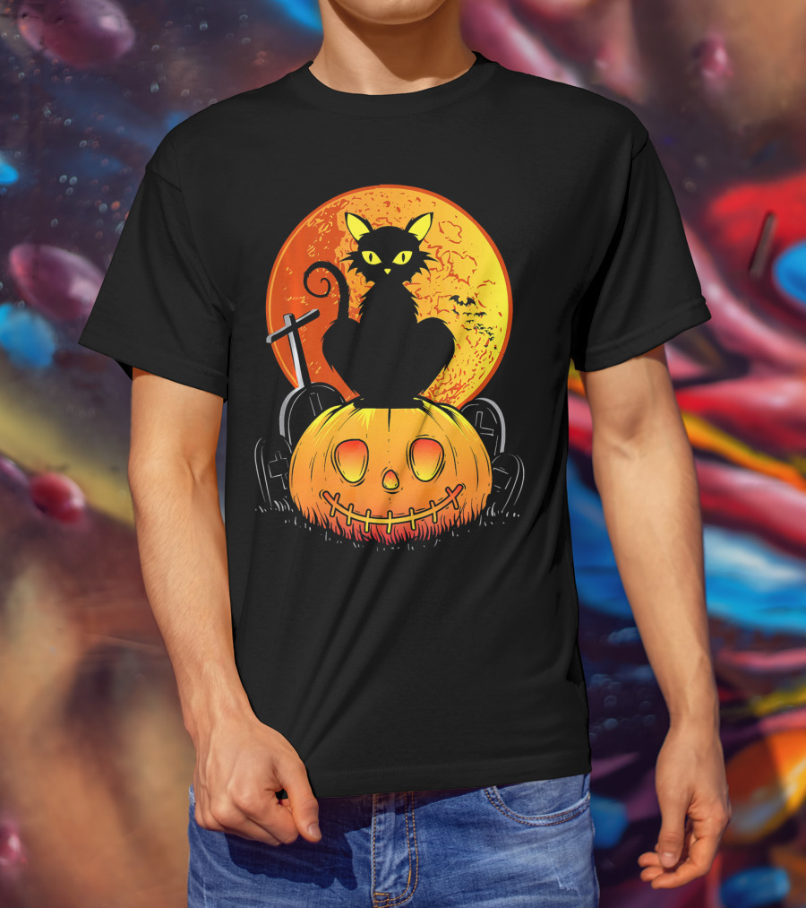 Halloween Black Cat On Pumpkin With Full Moon And Graveyard T-Shirt