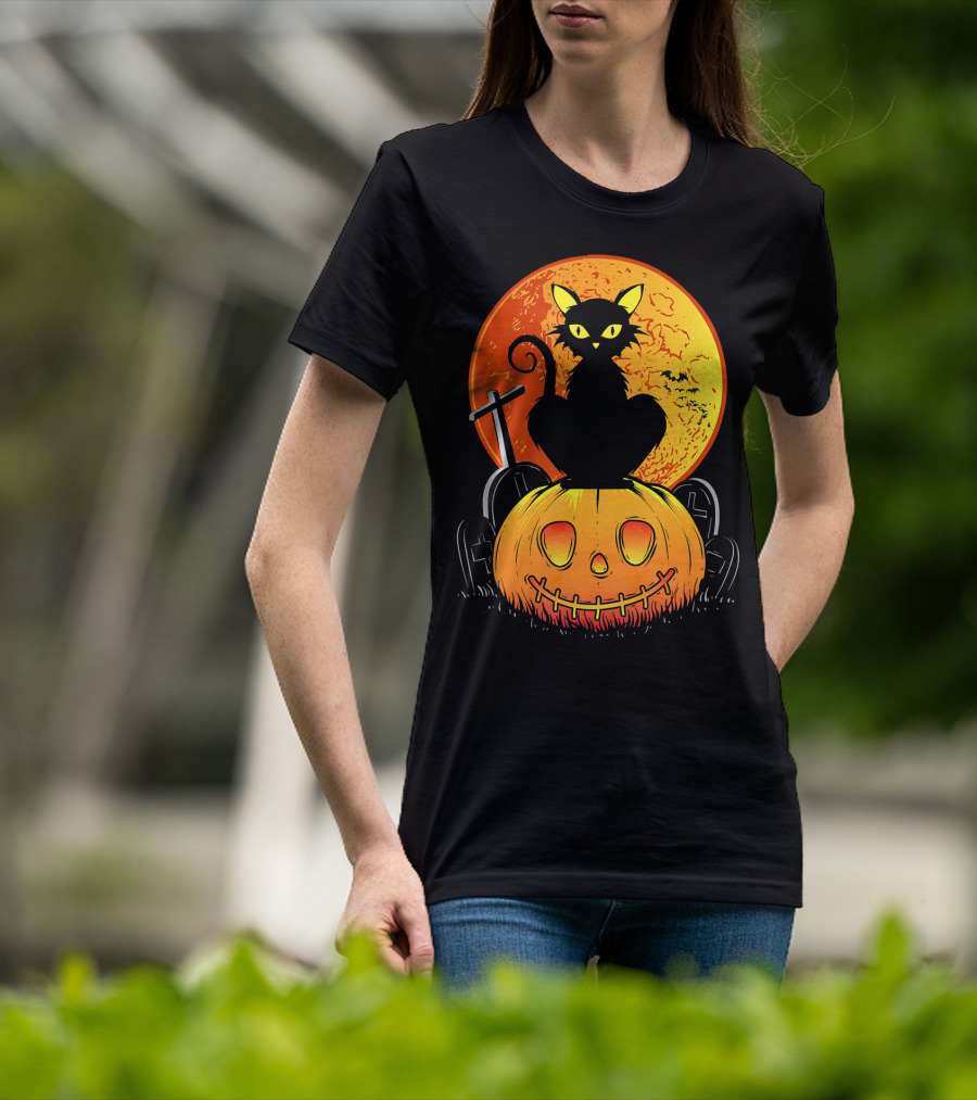 Halloween Black Cat On Pumpkin With Full Moon And Graveyard T-Shirt