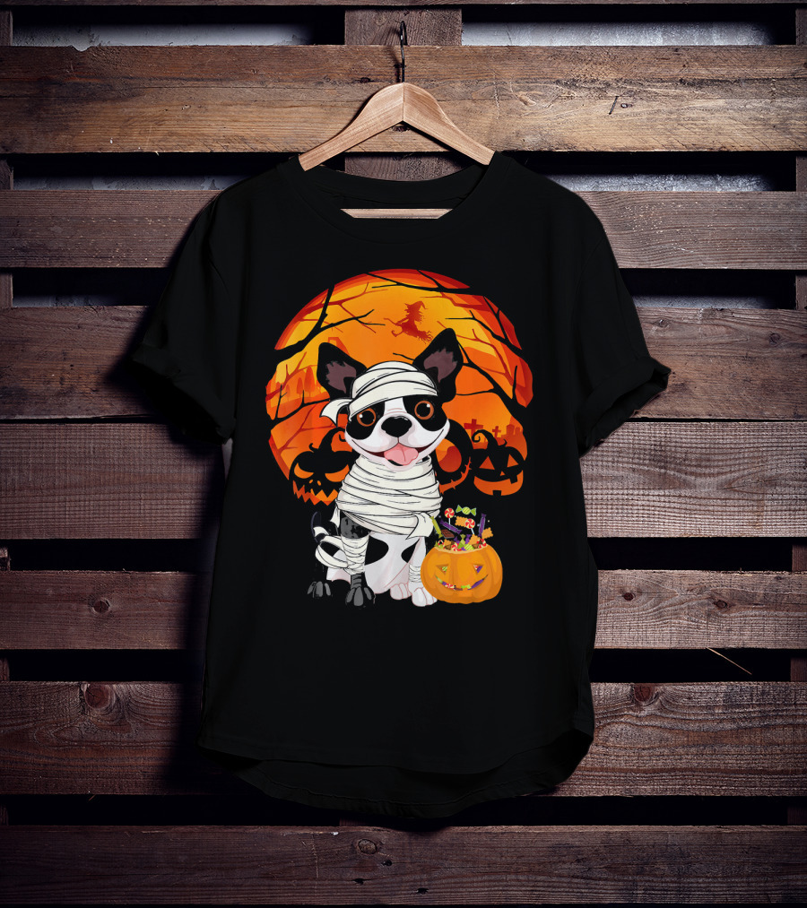 Halloween Kids Boston Terrier Mummy With Pumpkin And Witch T-Shirt