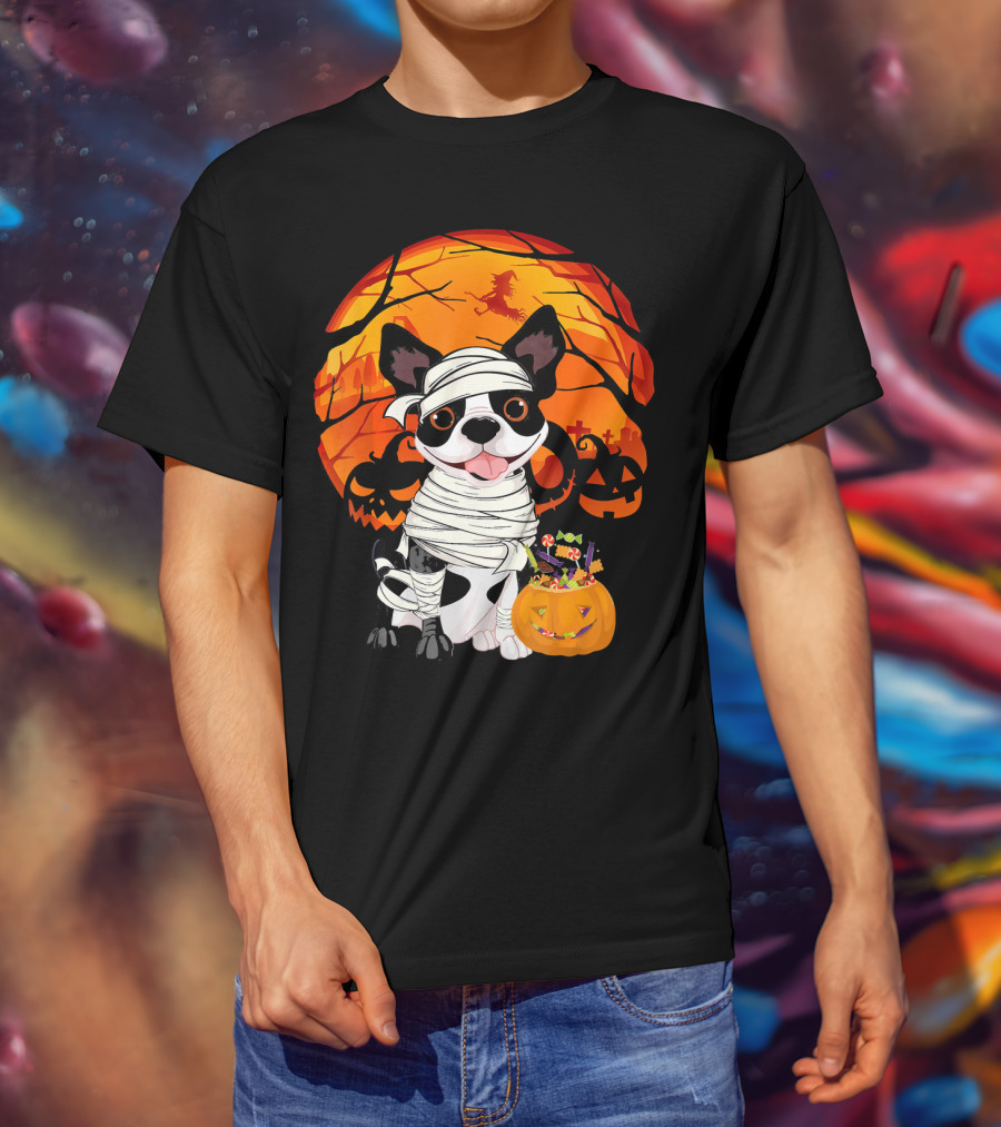 Halloween Kids Boston Terrier Mummy With Pumpkin And Witch T-Shirt