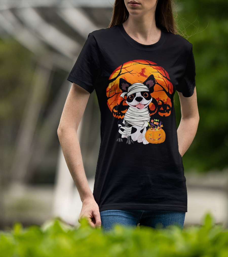 Halloween Kids Boston Terrier Mummy With Pumpkin And Witch T-Shirt