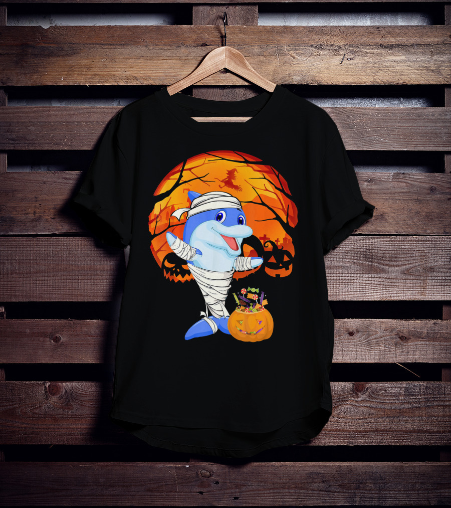 Halloween Dolphin Mummy With Candy Pumpkin And Witch Full Moon T-Shirt