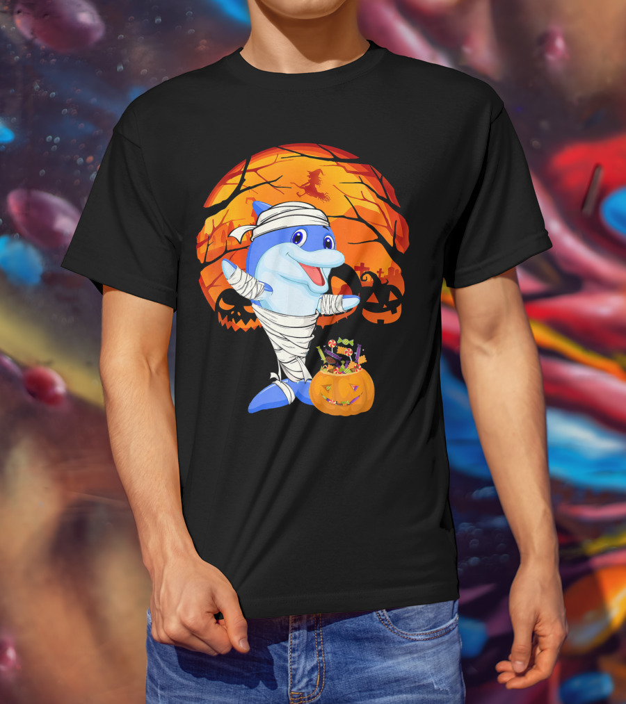 Halloween Dolphin Mummy With Candy Pumpkin And Witch Full Moon T-Shirt