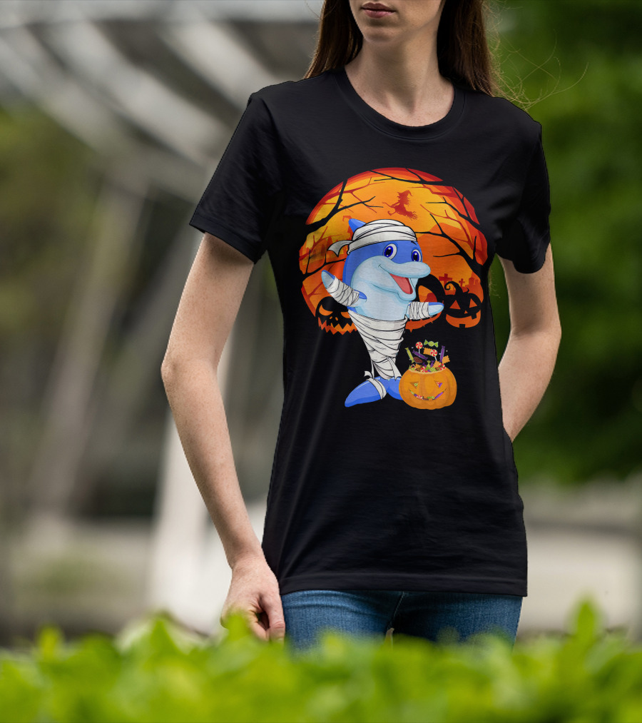Halloween Dolphin Mummy With Candy Pumpkin And Witch Full Moon T-Shirt