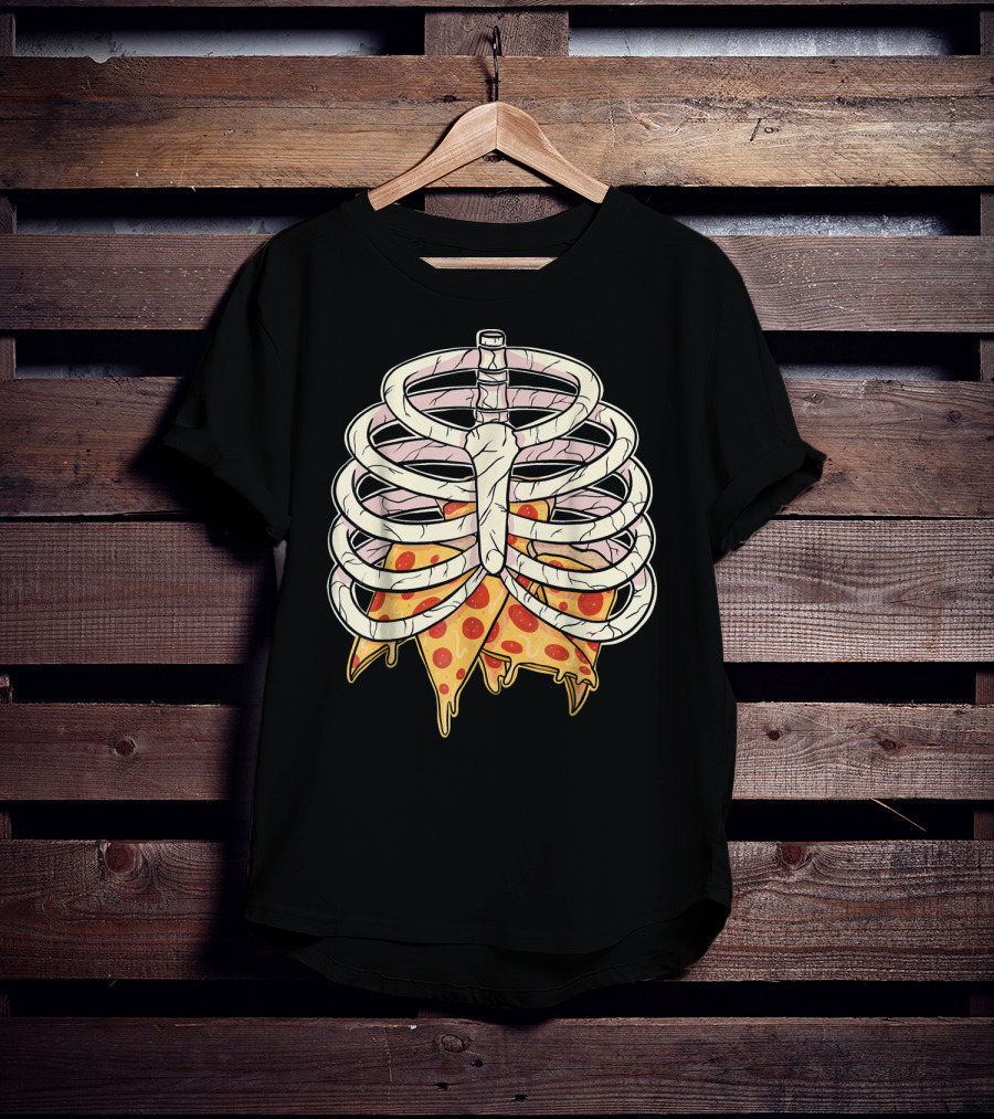 Skeleton Ribcage Pizza Slice Zombie Hall T-Shirt