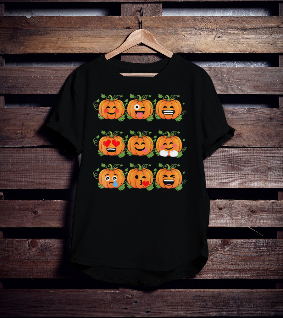 Pumpkin Emoji Faces Smiling Laughing Heart Eyes Winking Funny Expressions T-Shirt