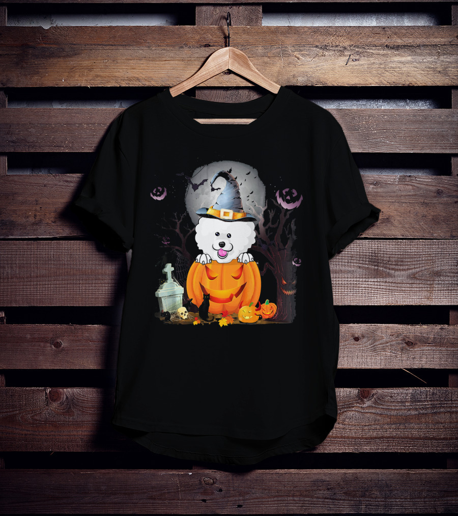 Bichon Frise Dog In Witch Hat With Halloween Pumpkin And Black Cat T-Shirt