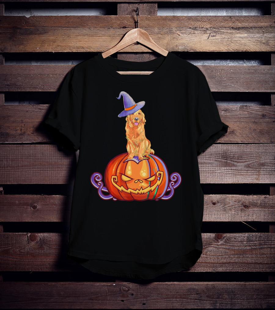 Golden Retriever Halloween Pumpkin Witch Hat T-Shirt