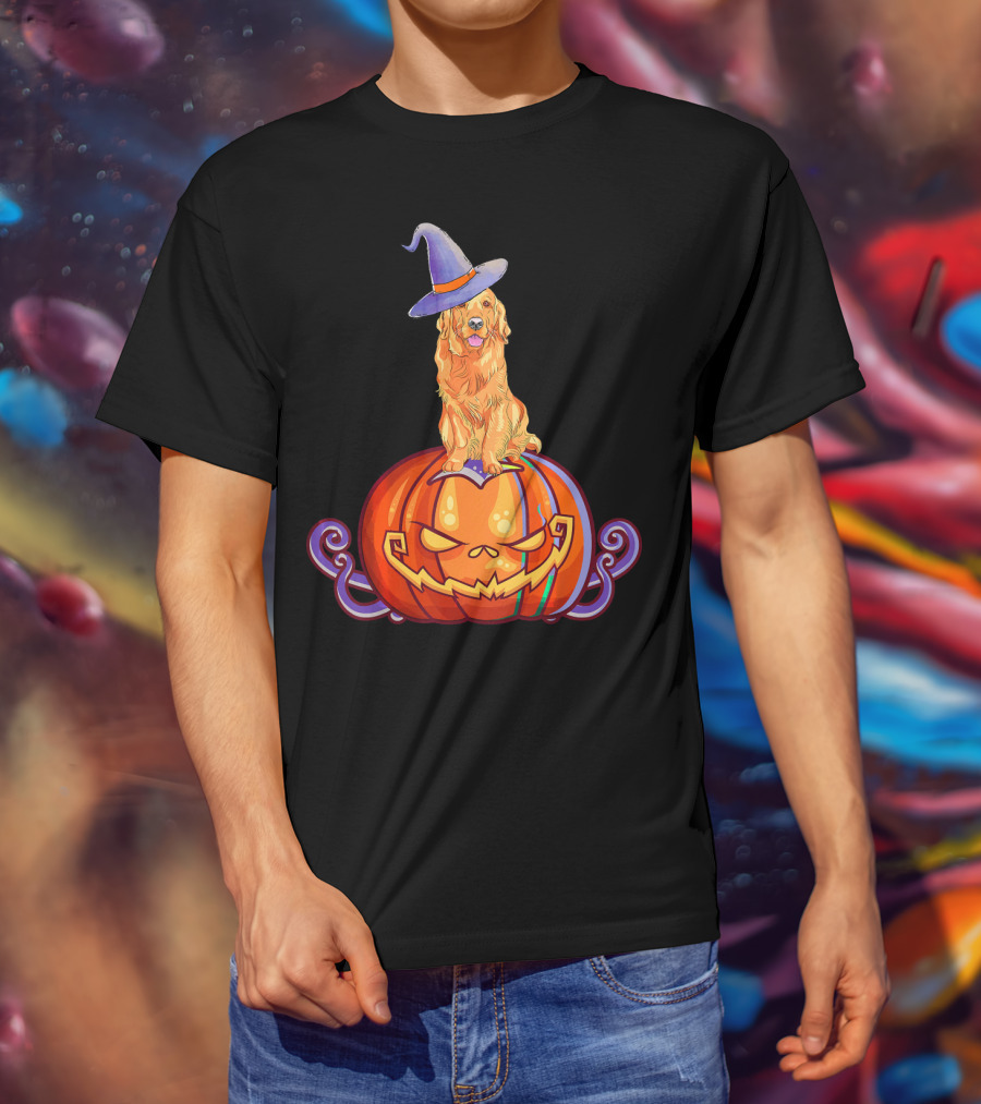 Golden Retriever Halloween Pumpkin Witch Hat T-Shirt