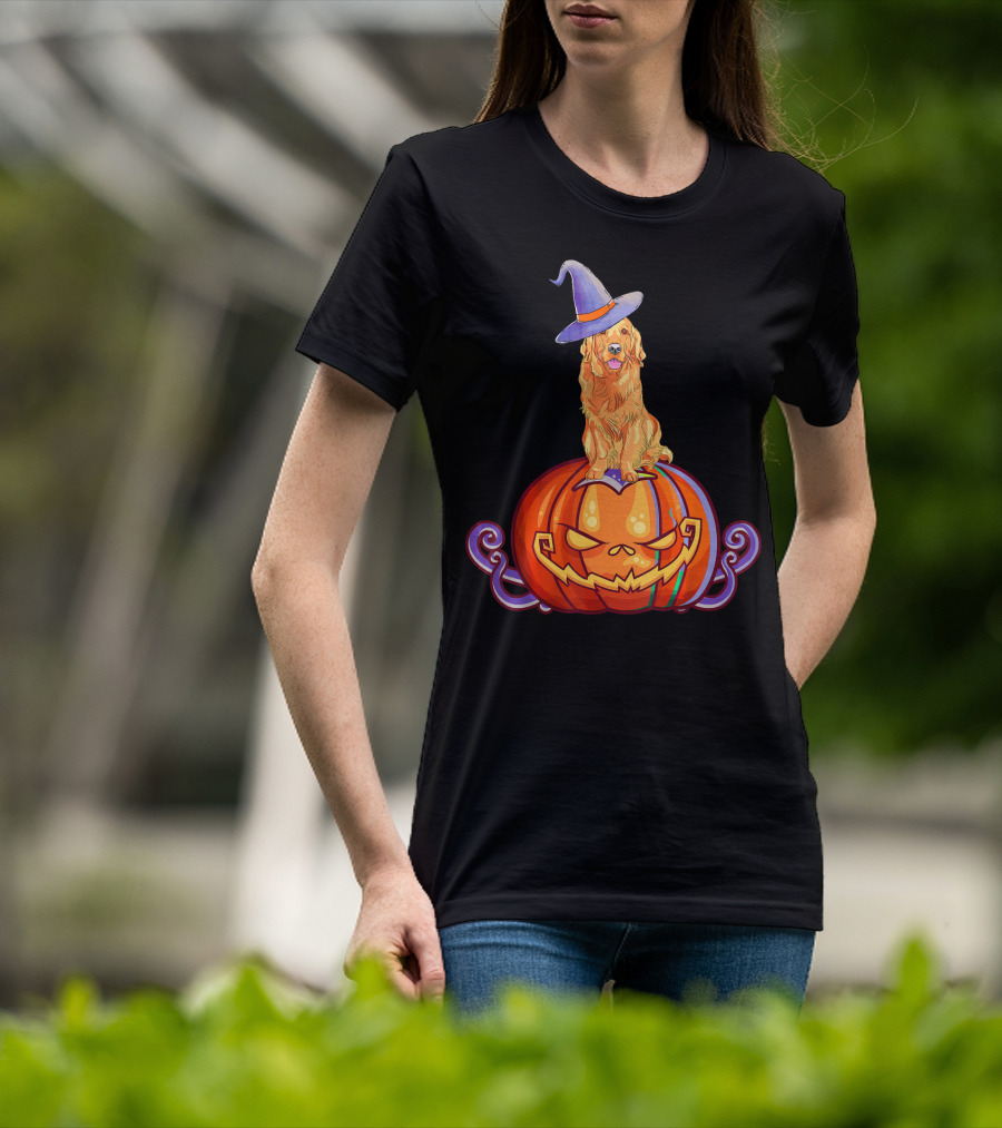 Golden Retriever Halloween Pumpkin Witch Hat T-Shirt