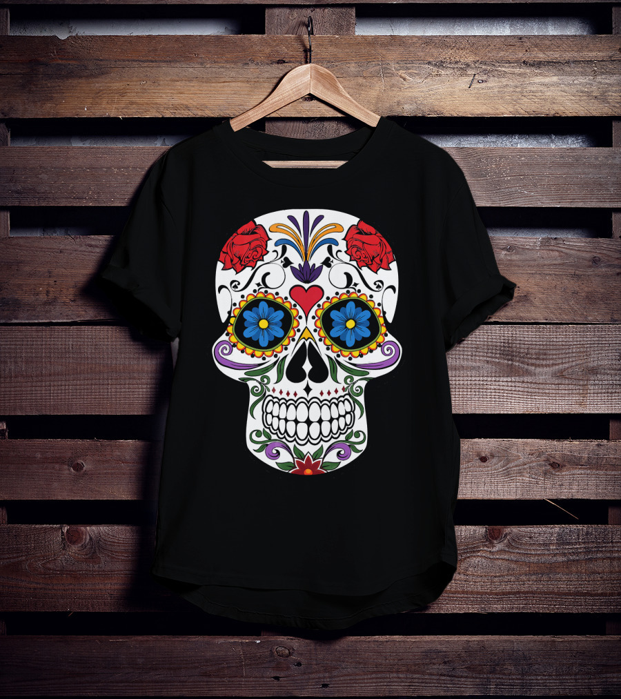 Day Of Dead Sugar Skull With Roses And Flowers T-Shirt