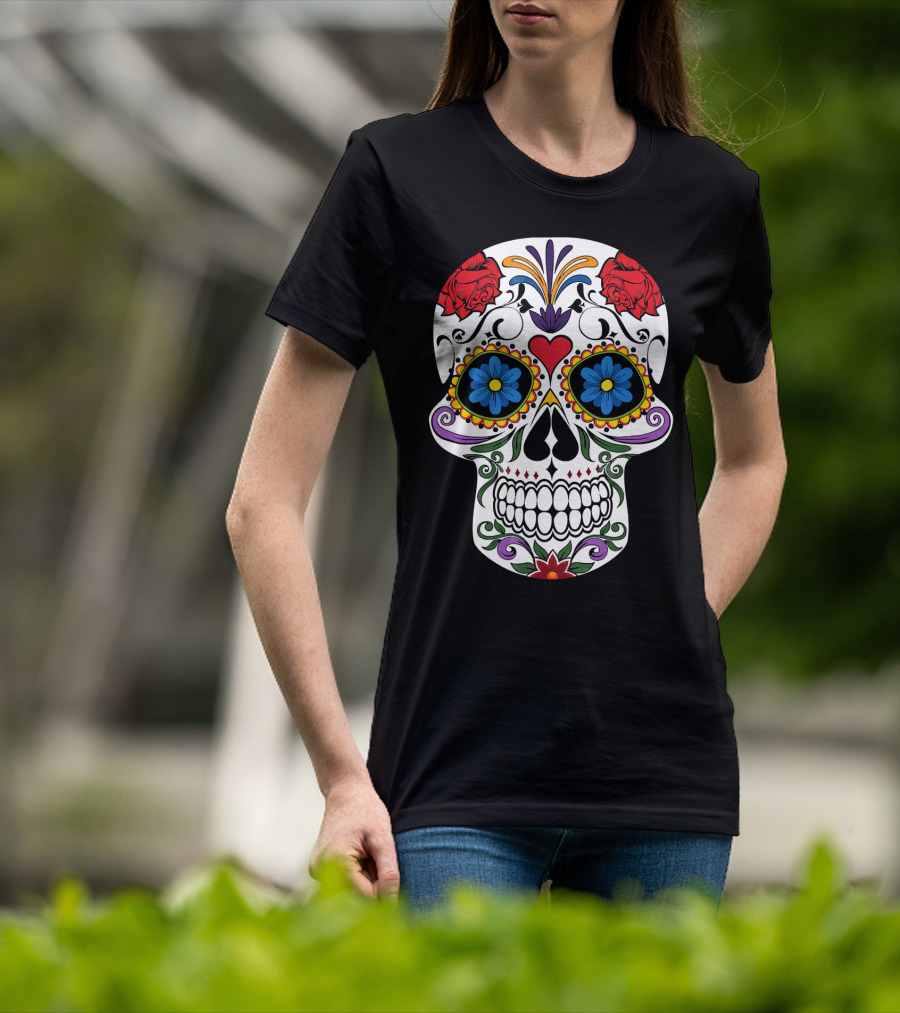 Day Of Dead Sugar Skull With Roses And Flowers T-Shirt