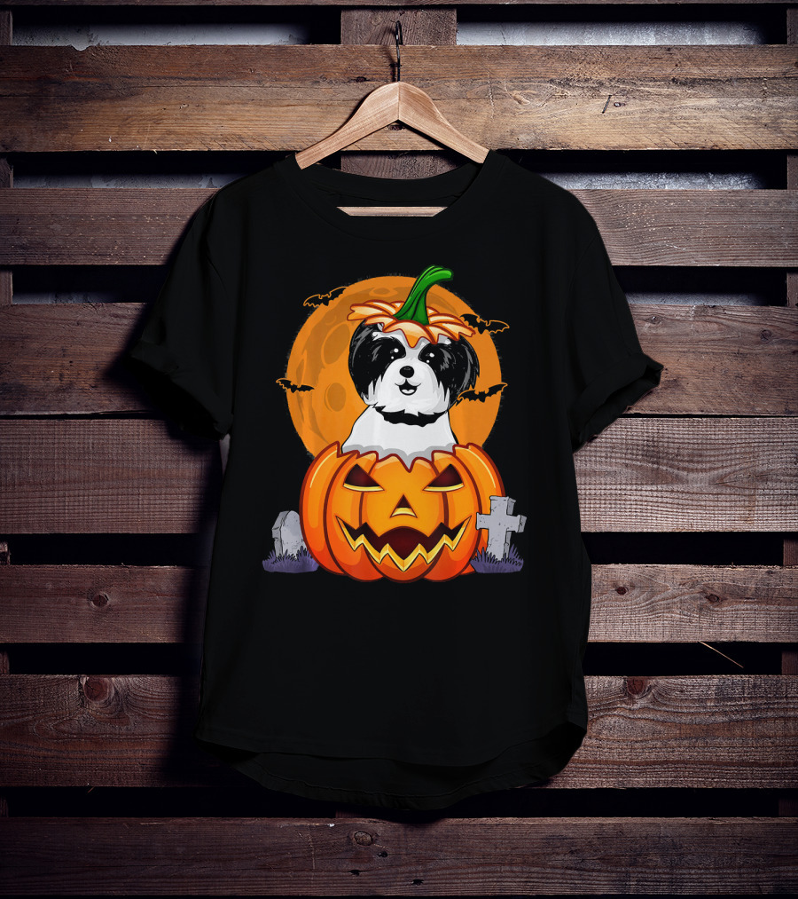 Funny Shih Tzu Pumpkin Halloween Moon Bats Graveyard T-Shirt